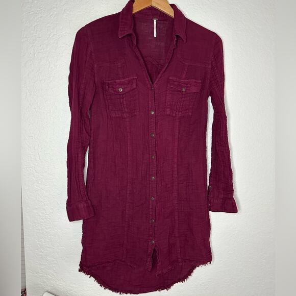 Free People Burgundy Gauzy Mini Shirt Dress Long Sleeve Preppy Goth Dark Boho - Picture 1 of 6
